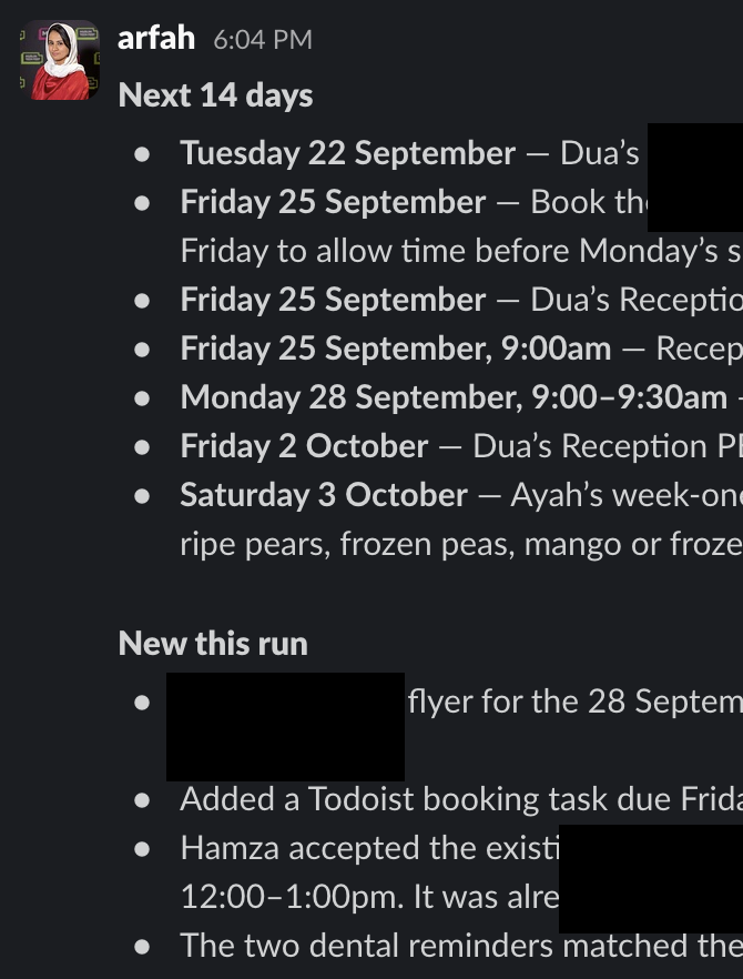 The school agent's shared next 14 days brief, listing upcoming dates and newly created tasks