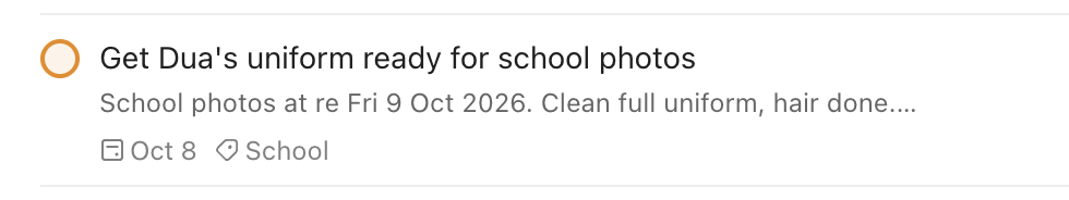 A Todoist task reminding me to get Dua's uniform ready for school photos